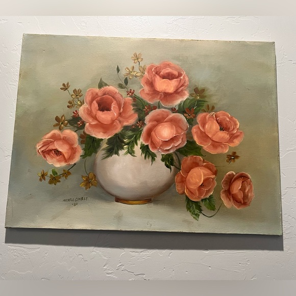 Handpainted Pink Roses 25x18 Canvas Floral Wall Art Decor Vintage 80s
